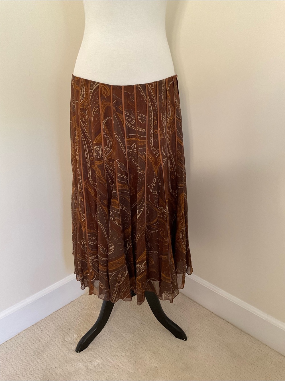 NWT Spirit By Coldwater Creek Sheer Silk Flare Brown Paisley Pleated  Skirt